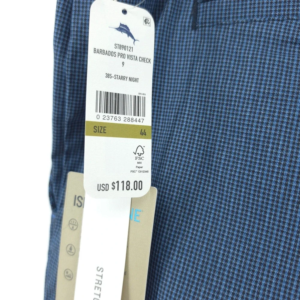 Tommy Bahama Mens Shorts Barbados Pro Vista Check Blue 44 Moisture Wicking NEW